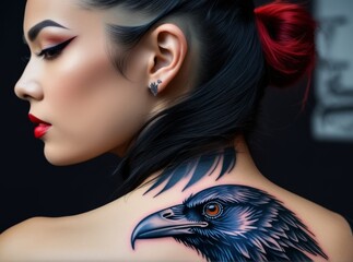 Wall Mural - Woman showcasing intricate raven tattoo on her shoulder against a dark background