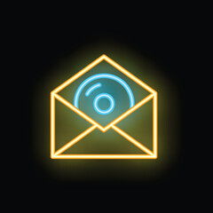 Poster - Bright neon icon of an open mail envelope containing a compact disc, isolated on a black background