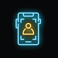 Poster - neon smartphone showing user profile icon on black background concept for apps, websites, social med