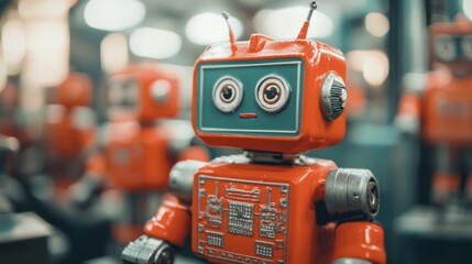 Poster - Robot toy with big eyes and cute expression in red and orange color