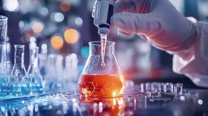 Poster - Scientist Conducting Chemical Experiment in Professional Laboratory Setting with Scientific Glassware and Equipment