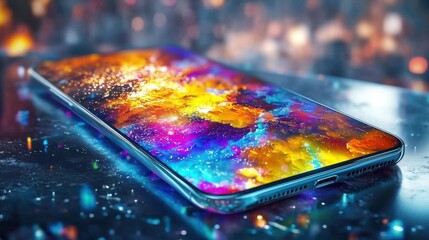 Poster - Colorful Smartphone Display with Vibrant Digital Art Pattern and Futuristic Glowing Effects