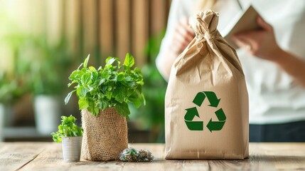 Poster - reusable grocery bag with herbs on wooden table sustainable eco friendly lifestyle