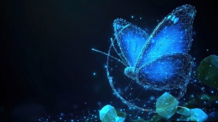 Poster - Blue butterfly with a network of connected lines and dots on a light background