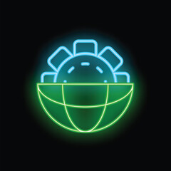Poster - neon sign illustrating global business with a cogwheel positioned above a globe, symbolizing interna