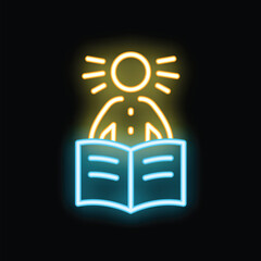 Poster - Neon sign illuminating a person having a bright idea while reading an open book