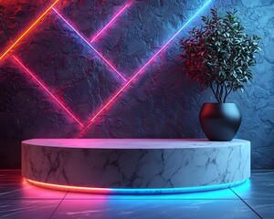 Wall Mural - Vibrant Neon Lit Marble Podium with Abstract Geometric Patterns for Premium Product Display