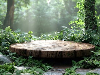 Wall Mural - Natural Wooden Podium in Tranquil Forest Environment with Soft Sunlight for Clean Product Display