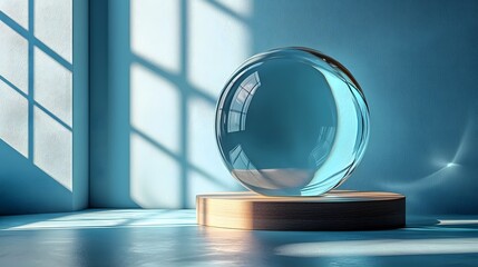 Poster - reflective glass podium against serene blue gradient background for product concept display