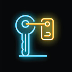 Wall Mural - Vibrant neon icon depicting a key unlocking a smartphone, symbolizing mobile security and data protection in the digital age