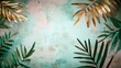 © DZMITRY - An illustration of vintage tropical leaves in green and brown on a beige background with golden texture, designed as a seamless border for luxury murals, premium wallpaper, and stylish cloth, paper,