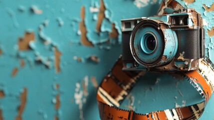 Poster - Camera hanging on a wall with peeling paint in an abandoned room setting