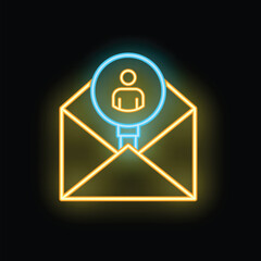 Poster - bright neon icon of a yellow envelope with a blue circle containing the outline of a person, symboli
