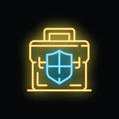 Poster - Glowing neon icon of a briefcase with a shield on a black background, representing the concept of data protection