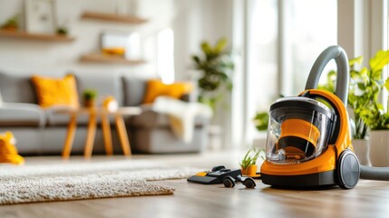 Wall Mural - Modern vacuum cleaner in cozy living room with natural light and houseplants