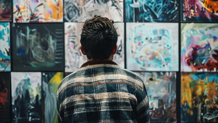 Aufkleber - A person stands in front of a collection of colorful contemporary art, absorbing the creativity displayed on the walls. The environment is filled with artistic energy and inspiration.