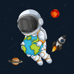 Wall Mural - hand drawn astronaut in spacesuit holding the earth, floating in universe over rocket and planets