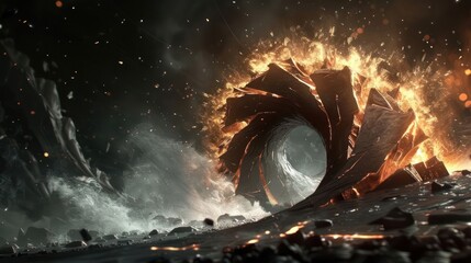 Poster - Fiery vortex emerging from rocky terrain, surrounded by waves and dark atmosphere