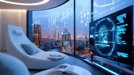 Poster - futuristic digital dashboard and cityscape at night in hyper modern architectural design