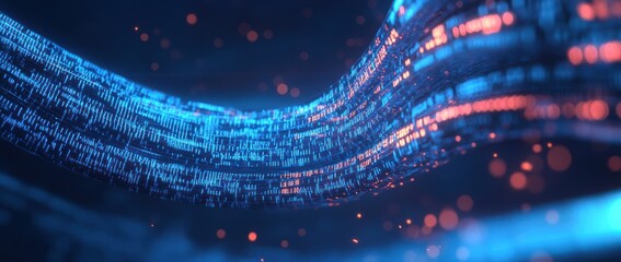Data stream flowing, digital code, dark background, glowing particles, tech concept