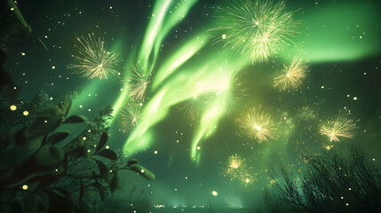 A green shimmering northern lights. There are fireworks going off in the foreground.