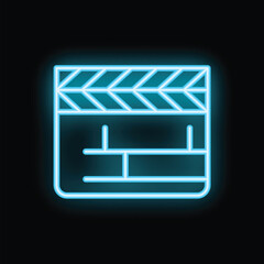 Wall Mural - Bright glowing neon blue clapperboard icon on a black background for use in filmmaking graphic design projects