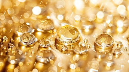 Poster - Close-up of glistening golden droplets on a shimmering surface, creating a luxurious ambiance