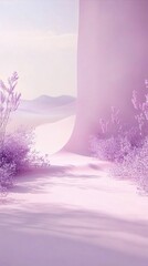 Poster - A surreal pastel landscape with lavender bushes and a curved wall in soft light
