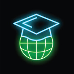 Poster - Vibrant neon sign depicting a graduation cap positioned above a globe, symbolizing worldwide learning and academic achievement