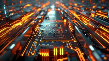 Poster - Futuristic Digital Circuit Board Composition with Intricate Electronic Patterns and Illuminated Metallic Textures