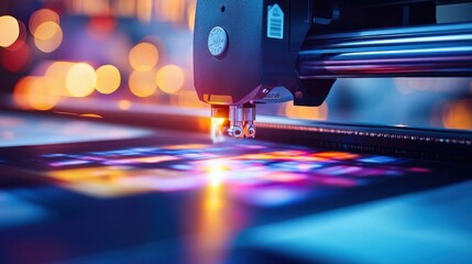 Poster - Vibrant Laser Printer in Modern Industrial Workspace Showcasing Technology and Innovation