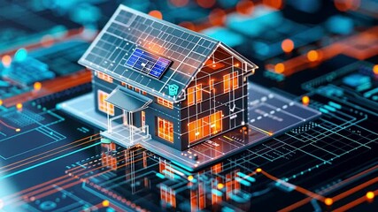Aufkleber - This depiction showcases a smart home designed with solar panels, set against a vibrant digital circuit board, emphasizing innovation in sustainable living and technology.