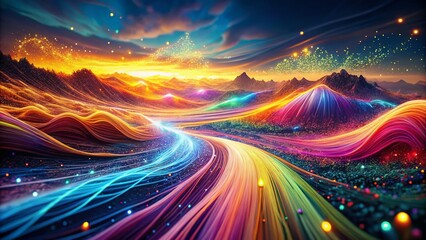 Poster - Abstract Dynamic Flow: Modern Lines and Particle Movement in a Vibrant Landscape