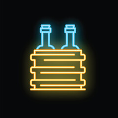 Wall Mural - Neon sign of two bottles in a crate glowing on black background, concept for bars, pubs and restaurants