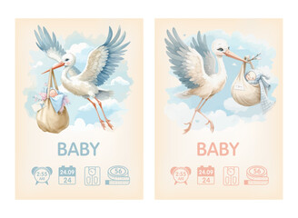 Wall Mural - Watercolor Baby posters of newborn metric, height, weight, date of birth with stork carrying a cute baby. Newborn announcement cards, birthday party.