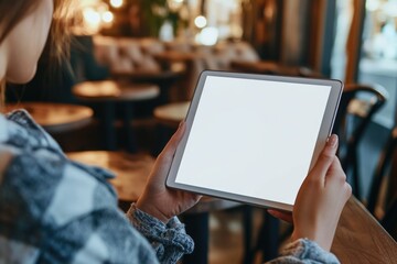 Poster - A woman holds a modern tablet with a blank white screen, suitable for technology and innovation concepts