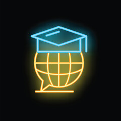 Poster - Neon sign illuminating the concept of global education with a graduation hat positioned on a globe