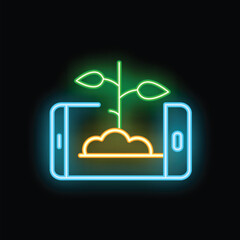 Poster - Neon icon of a plant growing on the screen of a smartphone, representing online education and e learning