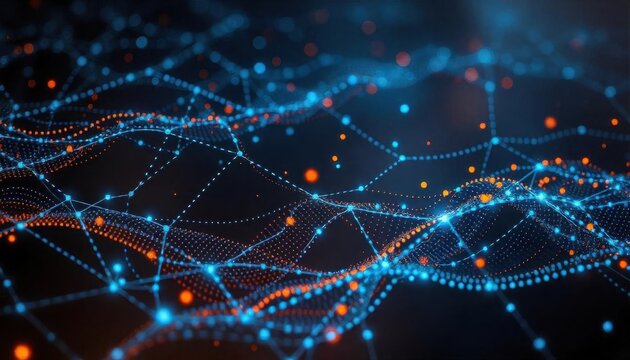 Abstract Network of Glowing Blue and Orange Particles, Dynamic Data Visualization