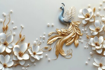 A background illustration of a 3D mural depicting a peacock with golden jewelry and flowers