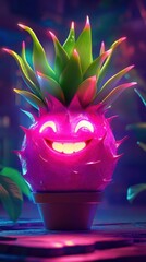Poster - Happy neon pink dragon fruit plant in pot