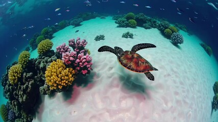Poster - Colorful coral reefs thriving in a tropical ocean, with a sea turtle gliding gracefully above a sandy seabed, creating a vibrant and tranquil underwater paradise teeming with marine life