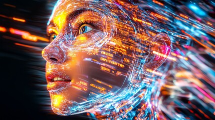 Poster - A colorful digital art piece of an AI-like human figure, composed entirely from glowing data streams and   lines
