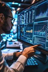 Poster - A person examining a computer monitor with focus on the display