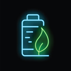 Canvas Print - Neon green eco friendly battery icon glowing on a black background