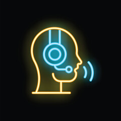 Poster - Neon style icon of a person wearing a headset with microphone, speaking and communicating