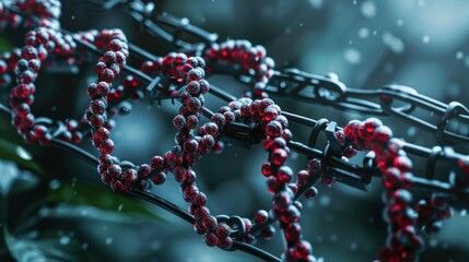 Poster - Close-up of red beads intertwined with barbed wire amidst a moody, blurred green background
