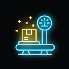 Poster - Neon sign representing a parcel being weighed on scales, symbolizing delivery tracking and logistics in e commerce