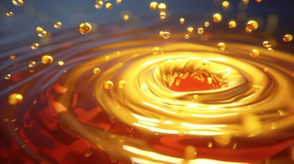 Poster - Close-up of vibrant golden liquid creating ripples and splashes against a dark background
