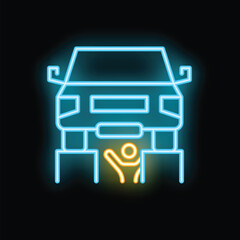 Canvas Print - Mechanic fixing car using lifting platform neon sign on black background